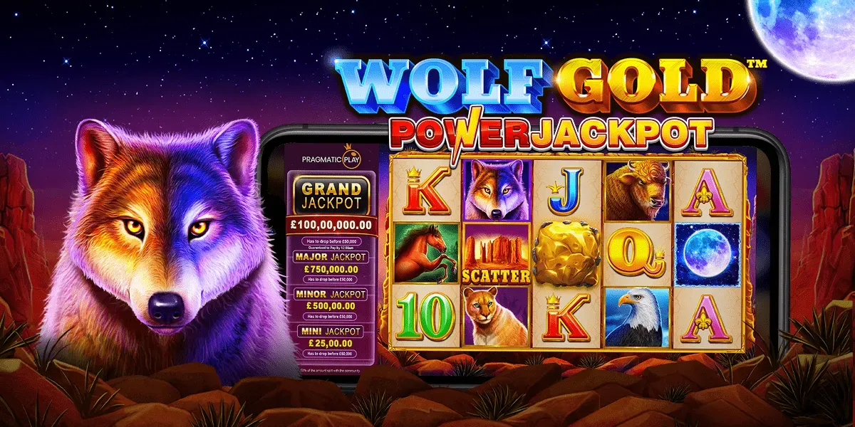 Wolf Gold Wolf Gold Powerjackpot slot game featuring a vibrant two-tone wolf