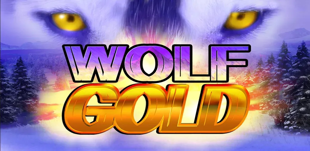 Wolf Gold Wolf Gold slot game title with glowing wolf eyes and snowy forest