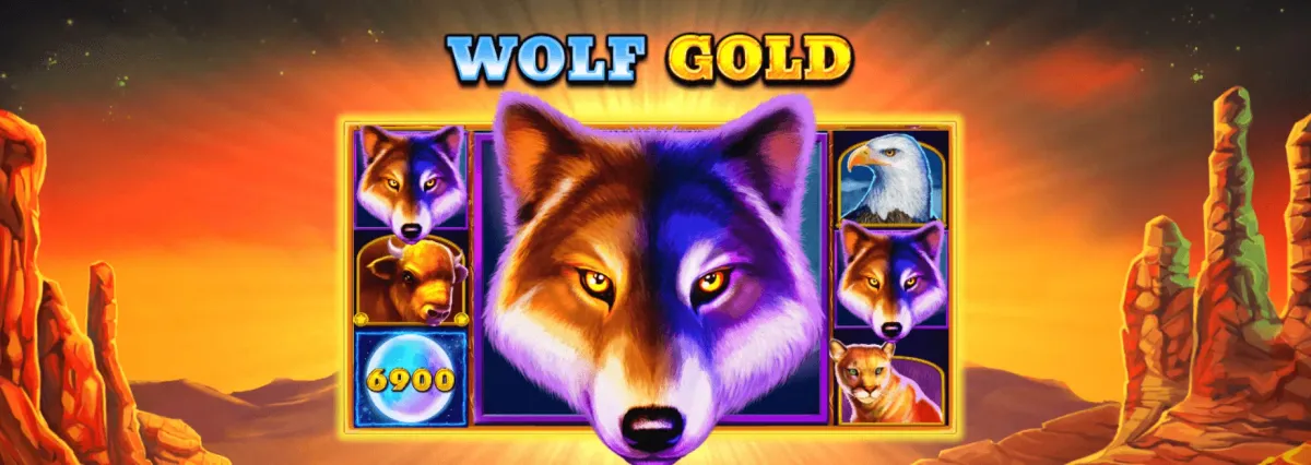 Wolf Gold Wolf Gold slot game screen featuring a large wolf and animal symbols