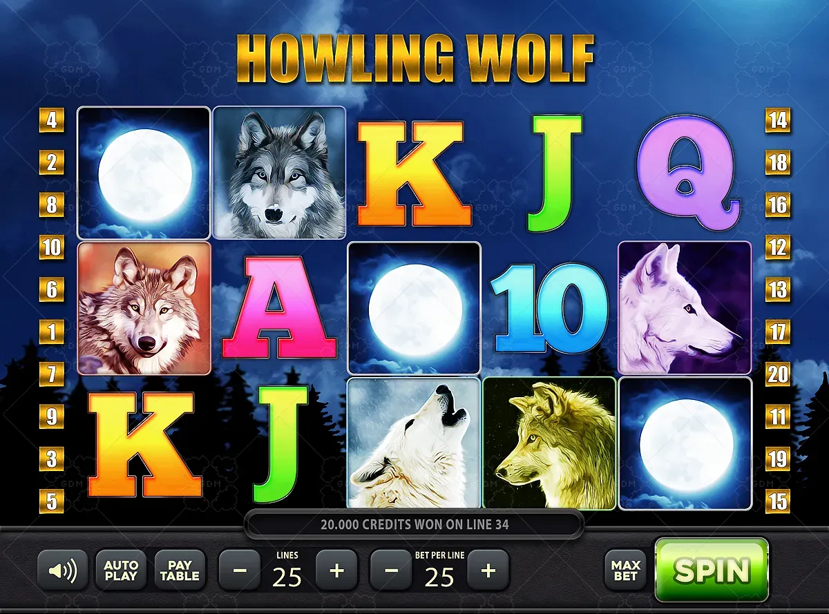 Wolf Gold Howling Wolf online slot machine game featuring wolves and full moons