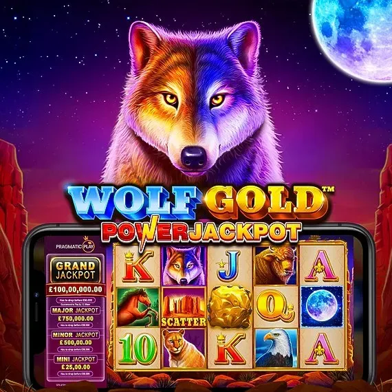 Wolf Gold Wolf Gold Powerjackpot slot game on smartphone with majestic wolf