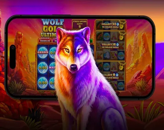 Wolf Gold Two-toned wolf with Wolf Gold Ultimate slot game on smartphone