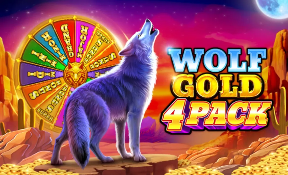 Wolf Gold Desert scene with howling wolf, bonus wheel, and Wolf Gold 4 Pack logo
