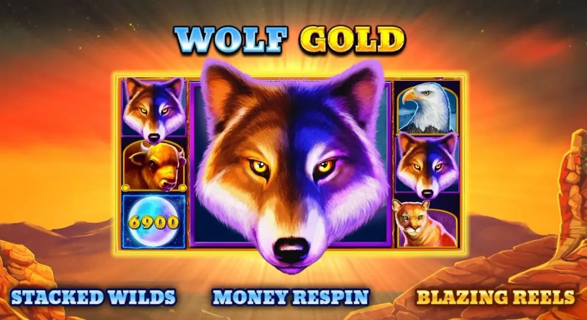 Wolf Gold Wolf Gold slot game featuring a large wolf head