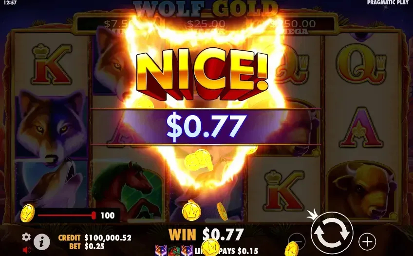 Wolf Gold Wolf Gold slot game win of $0.77, displaying NICE!