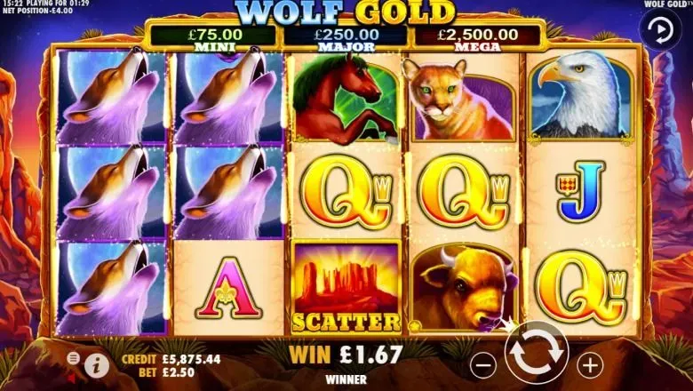 Wolf Gold Wolf Gold slot machine showing multiple howling wolf symbols